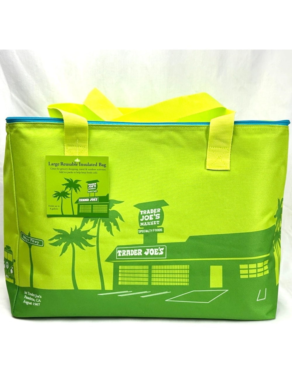 Trader Joe's Large Insulated Reusable Tote Bag 8 Gallon Lime Green Aqua Blue NWT